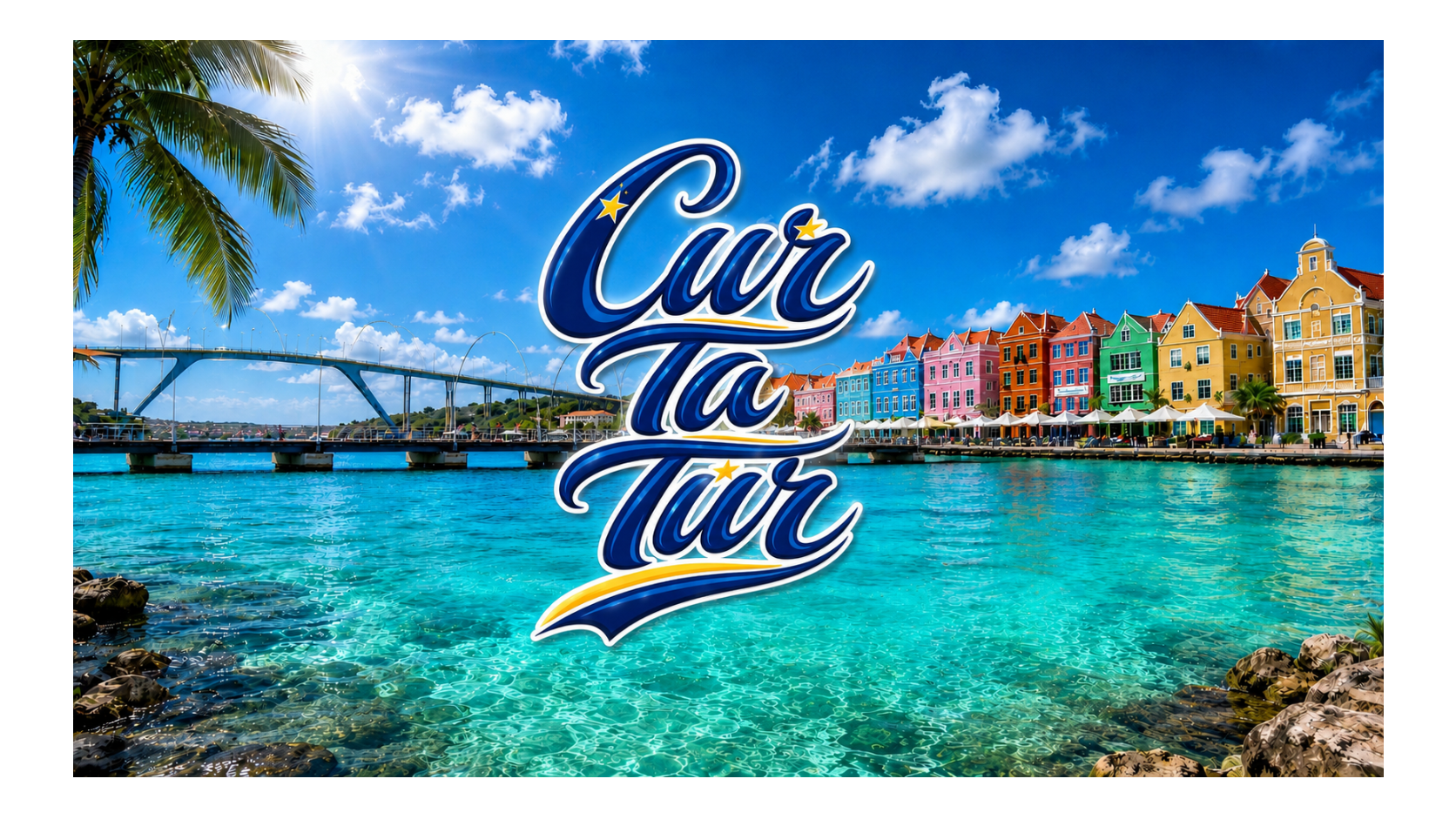 Colorful buildings by a body of water with 'Cur Ta Tur' logo overlay