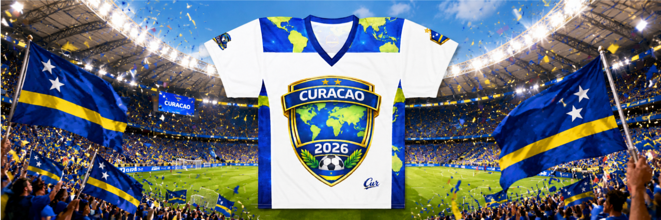 Soccer jersey with Curacao design in a stadium with fans waving flags